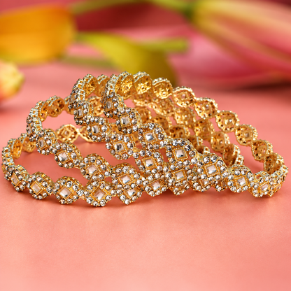 Royal Gold Designer Bangle Set With Stylish Pattern & Crystal Stones - Set Of 4