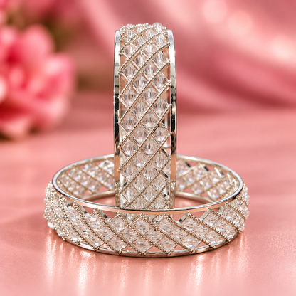Premium Silver Plated Crystal Stone Designer Bangles Set - Set Of 2