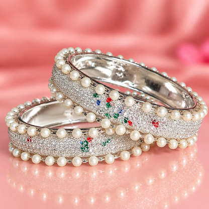 Pearl-Embellished White-Multi Designer Bangles Set With Stylish Pearls - Set Of 2