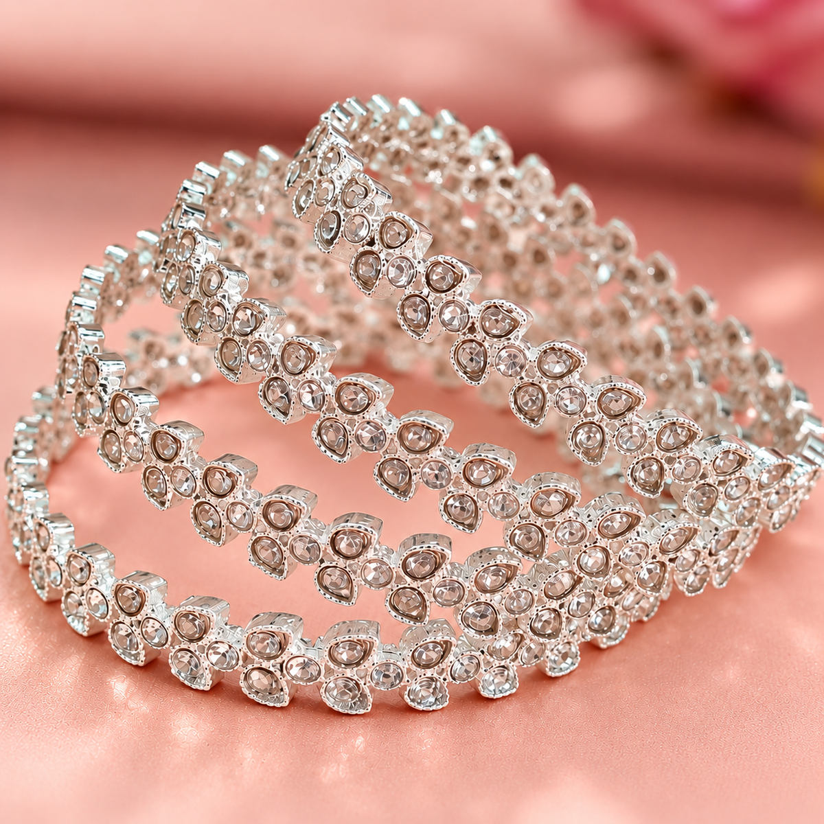 Silver Plated Designer Bangles Set With Crystal Stones - Set Of 4