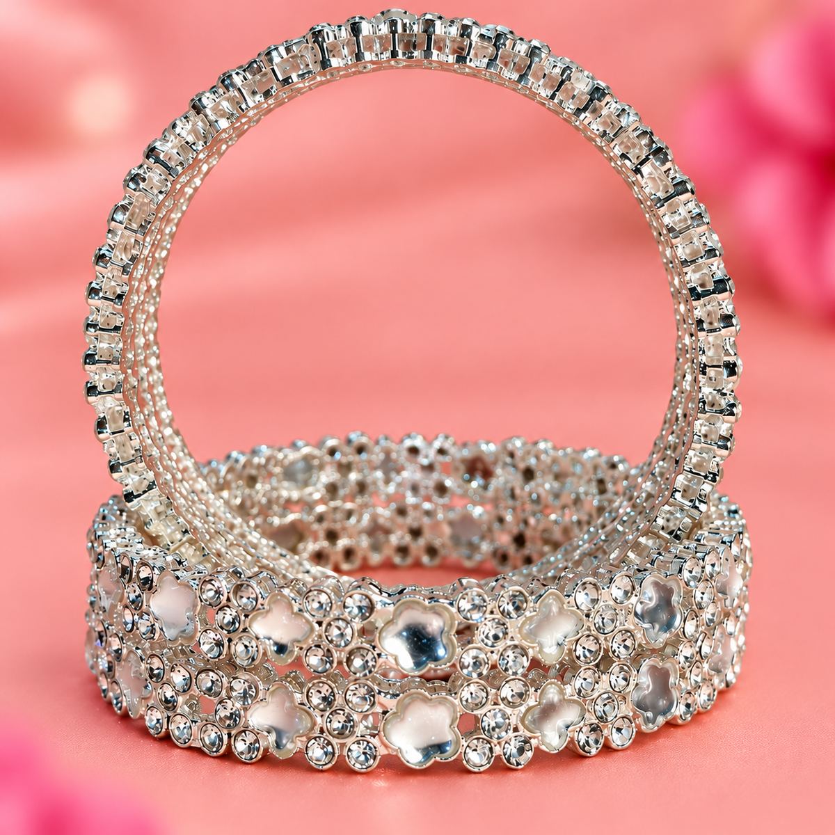 Elegant Silver Floral Bangles with Sparkling Crystal & Pearl Detailing - Set Of 4