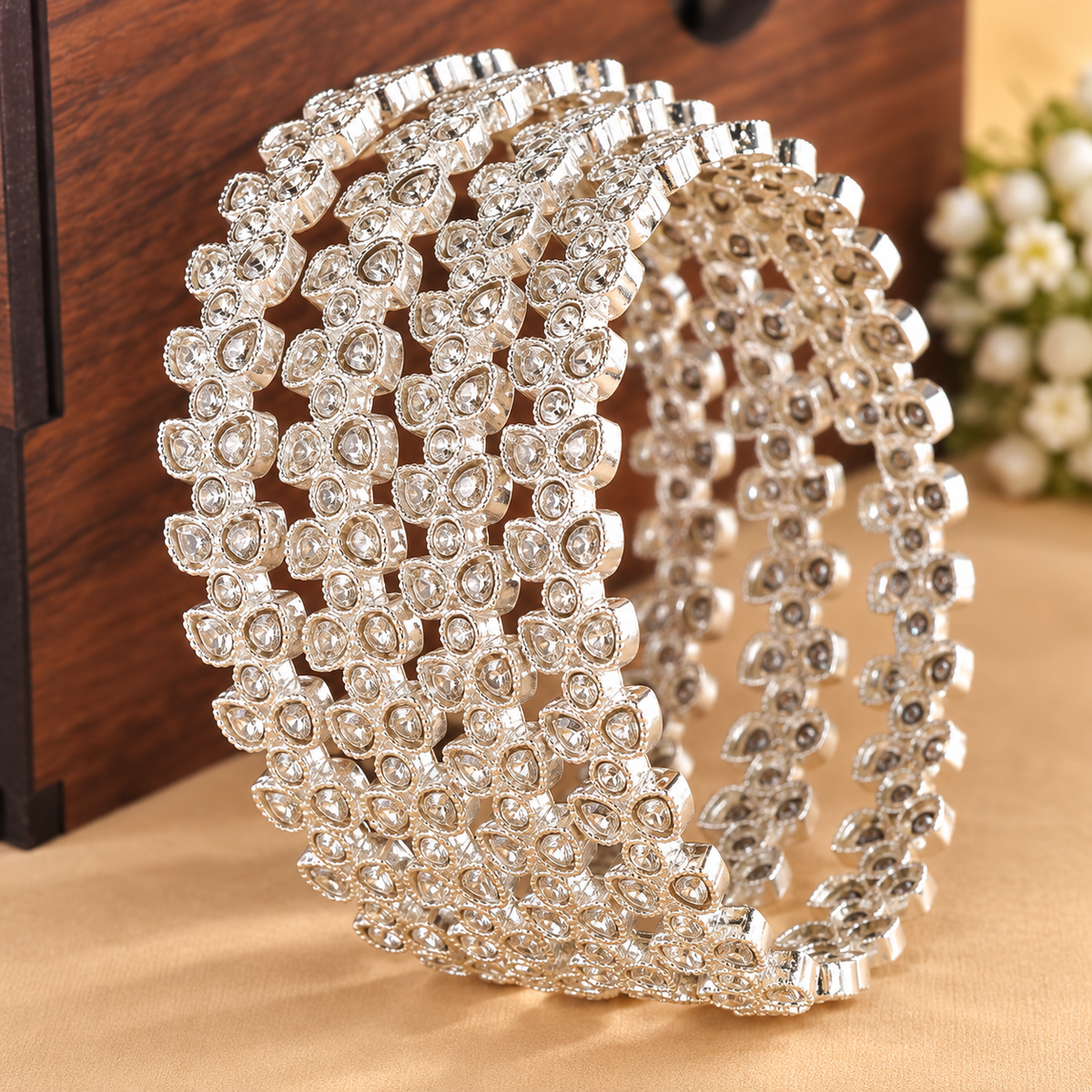 Silver Plated Designer Bangles Set With Crystal Stones - Set Of 4