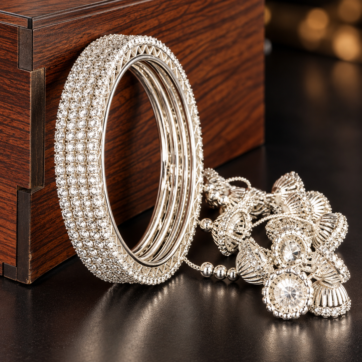 Premium Silver Plated Latkan Bangles Set with Golden Stone Work - Set Of 4