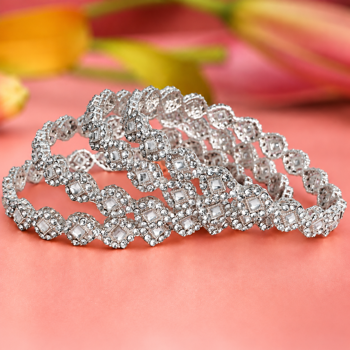 Royal Silver Designer Bangle Set With Stylish Pattern & Crystal Stones - Set Of 4