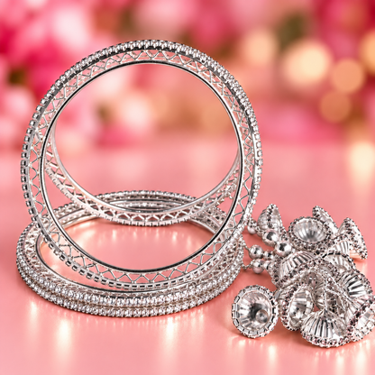 Premium Silver Plated Latkan Bangles Set with Golden Stone Work - Set Of 4