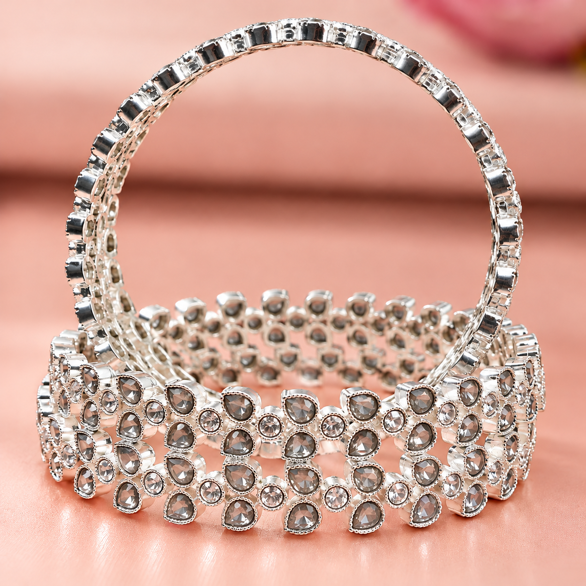 Silver Plated Designer Bangles Set With Crystal Stones - Set Of 4