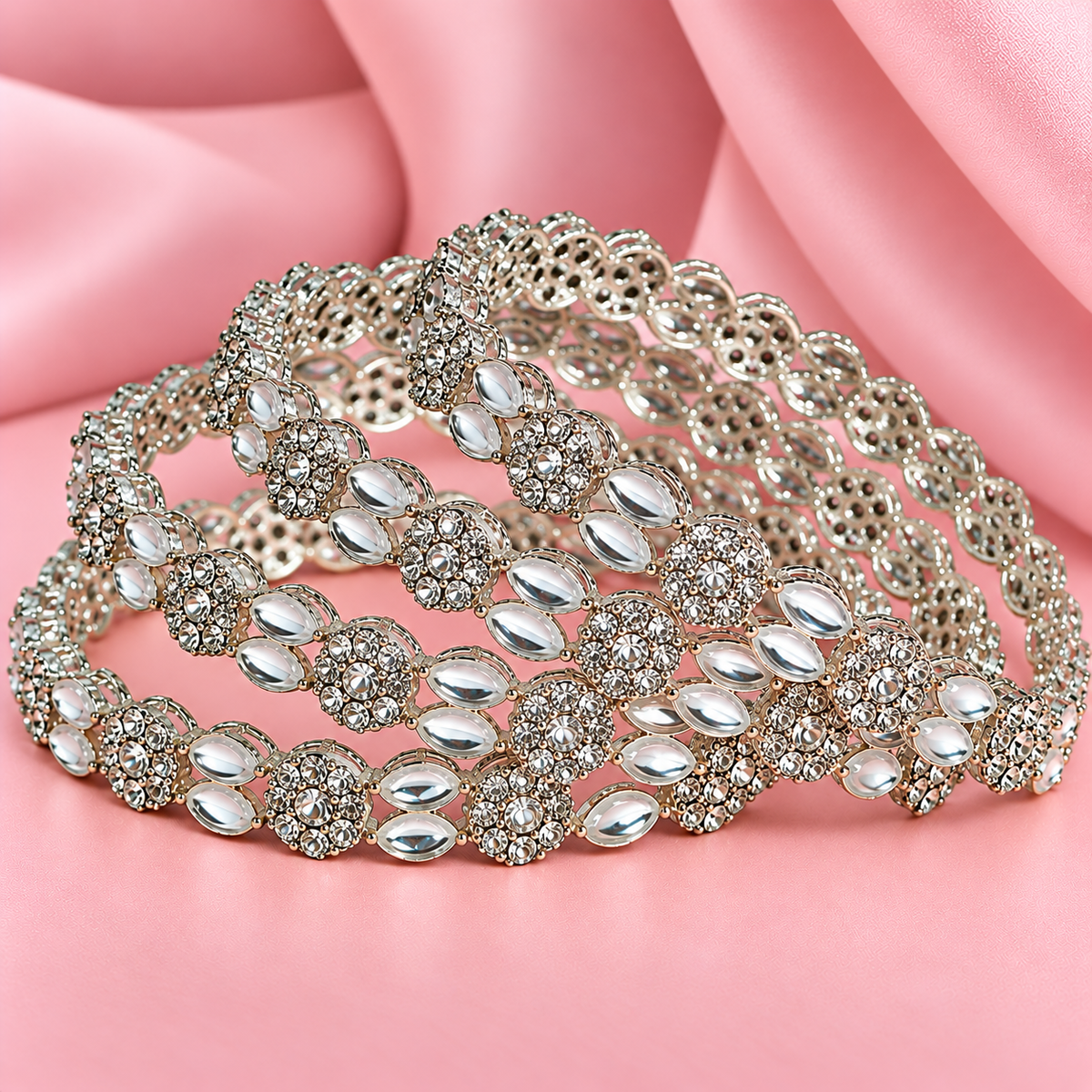 Silver Plated & Crystal Stone Studded Designer Bangles Set - Set Of 4