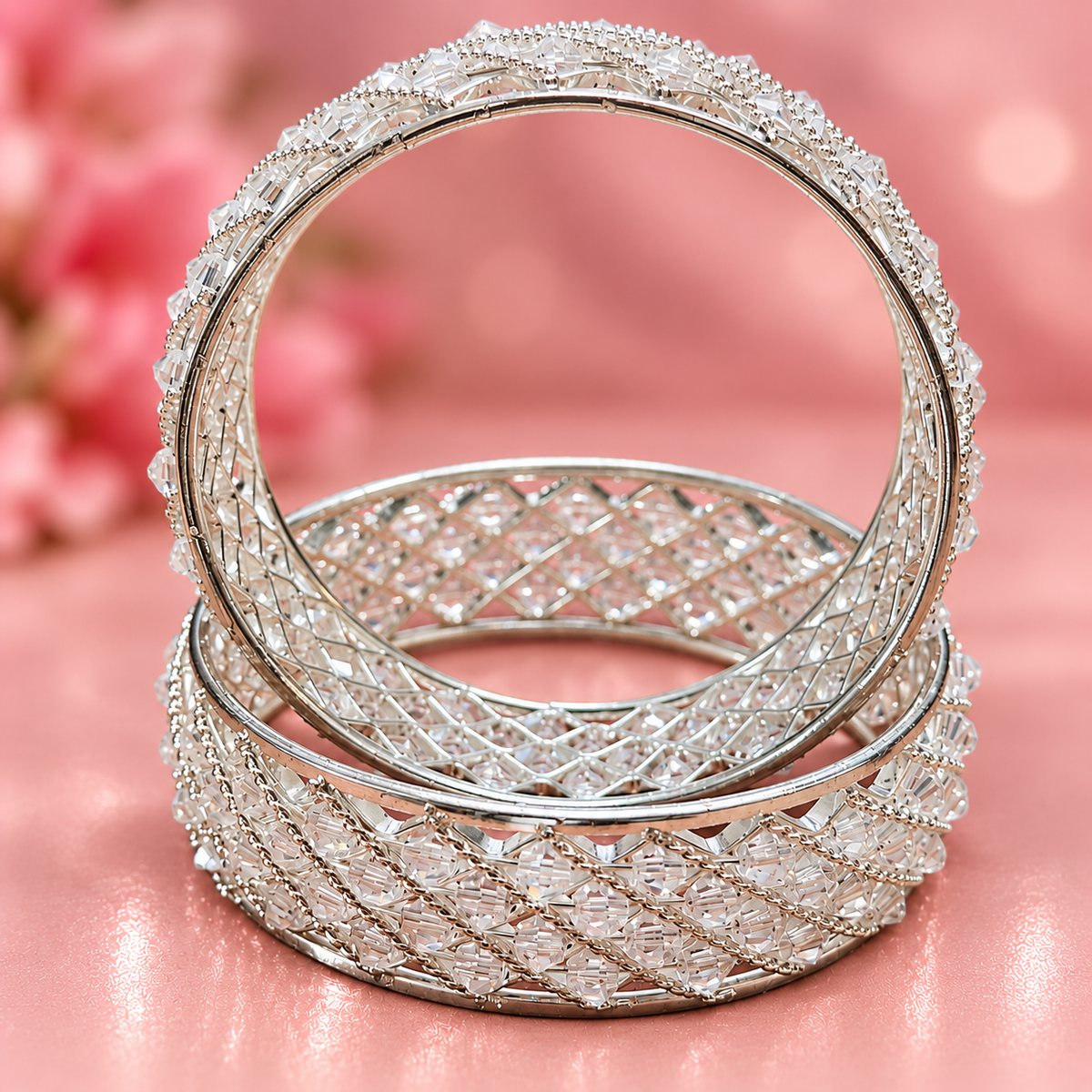 Premium Silver Plated Crystal Stone Designer Bangles Set - Set Of 2