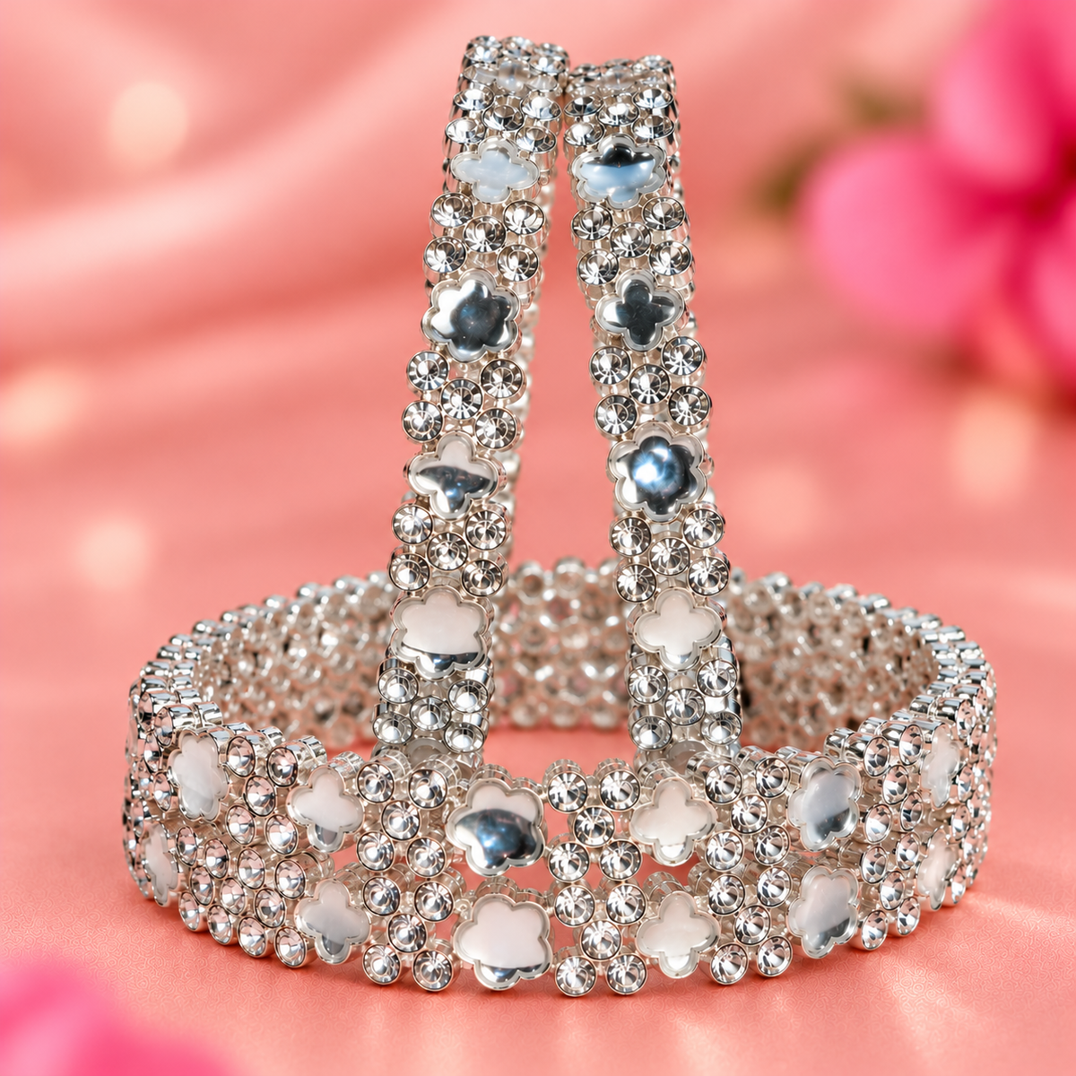 Elegant Silver Floral Bangles with Sparkling Crystal & Pearl Detailing - Set Of 4