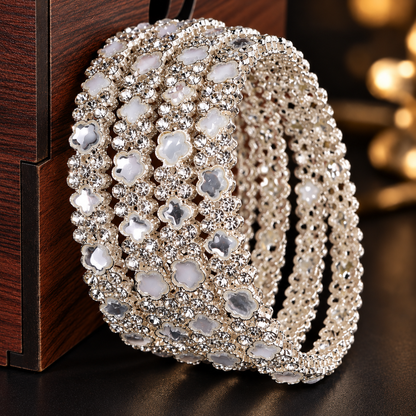 Elegant Silver Floral Bangles with Sparkling Crystal & Pearl Detailing - Set Of 4