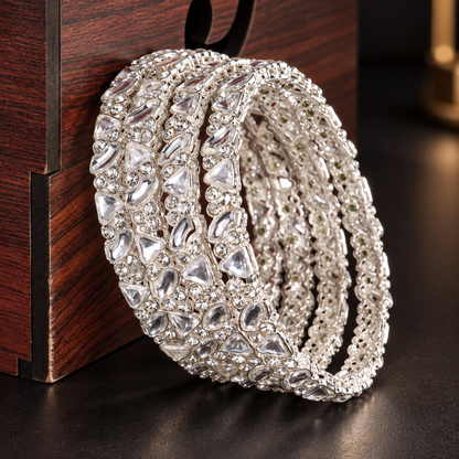 Silver Plated Designer Bangles Set with Sparkling Crystal Stones -Set Of 4