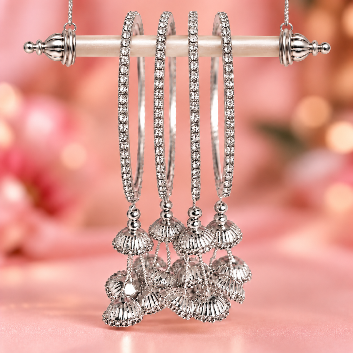 Premium Silver Plated Latkan Bangles Set with Golden Stone Work - Set Of 4