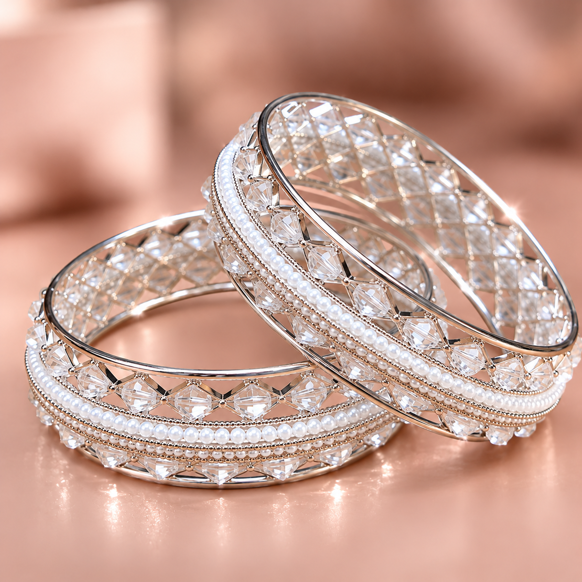 Designer Silver Plated Alloy Bangles Set With Stones Pearl - Set Of 2