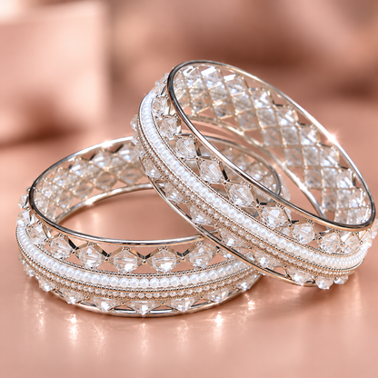 Designer Silver Plated Alloy Bangles Set With Stones Pearl - Set Of 2