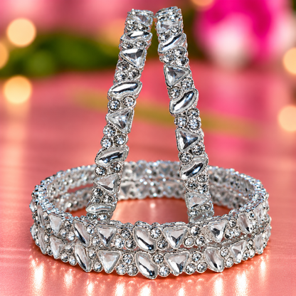 Silver Plated Designer Bangles Set with Sparkling Crystal Stones -Set Of 4
