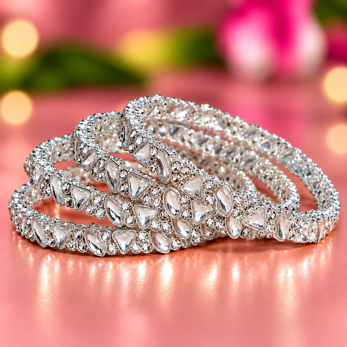 Silver Plated Designer Bangles Set with Sparkling Crystal Stones -Set Of 4