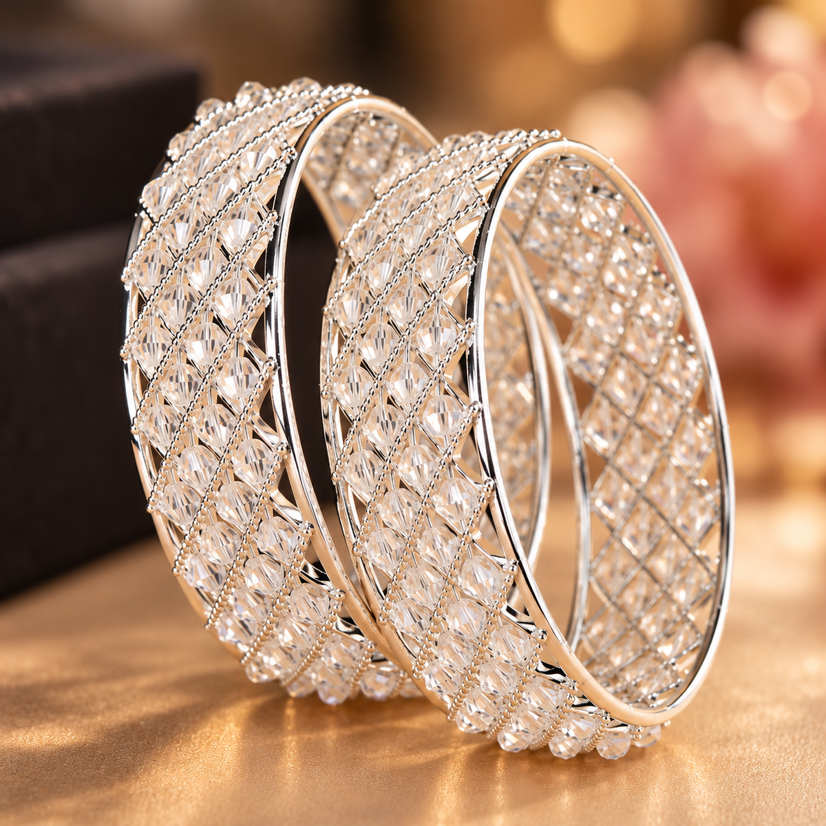 Premium Silver Plated Crystal Stone Designer Bangles Set - Set Of 2