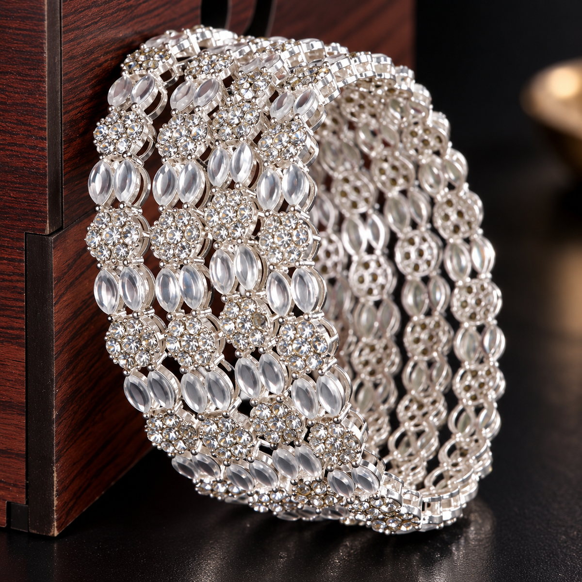 Silver Plated & Crystal Stone Studded Designer Bangles Set - Set Of 4