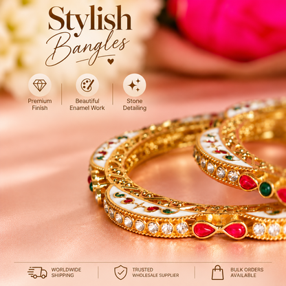 Gold-Multi Bridal Bangles with Red, Green & White Stone Bangle Set - Set Of 2