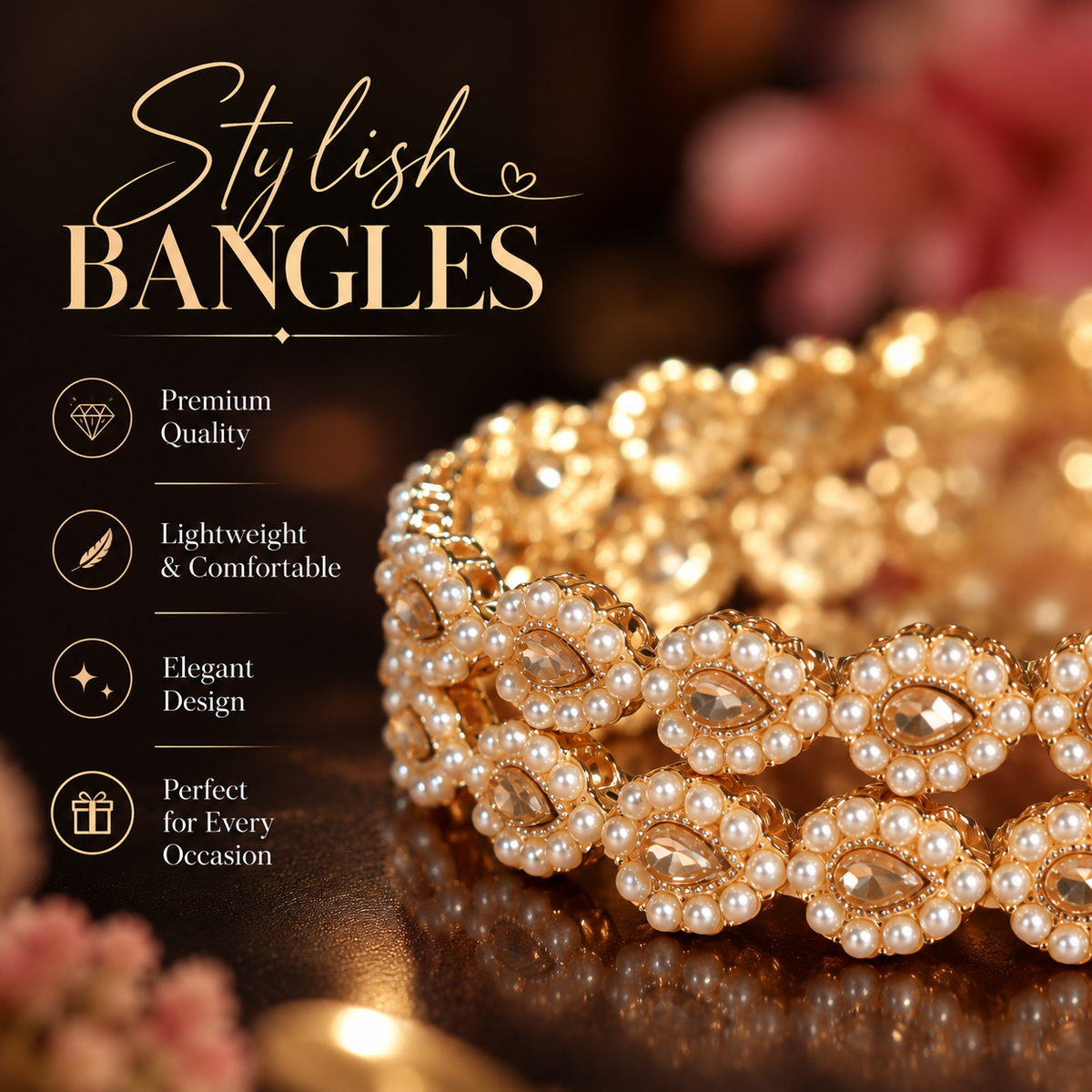 Gold Plated Pearl and Crystal Stone Studded Bridal Bangles Set - Set Of 4