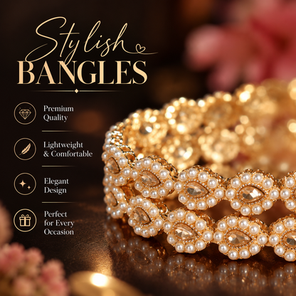 Gold Plated Pearl and Crystal Stone Studded Bridal Bangles Set - Set Of 4
