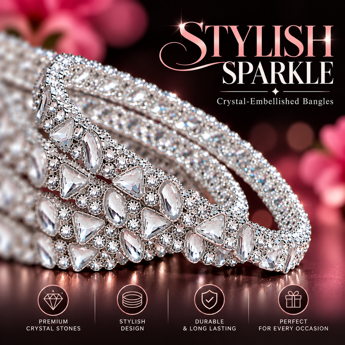 Silver Plated Designer Bangles Set with Sparkling Crystal Stones -Set Of 4
