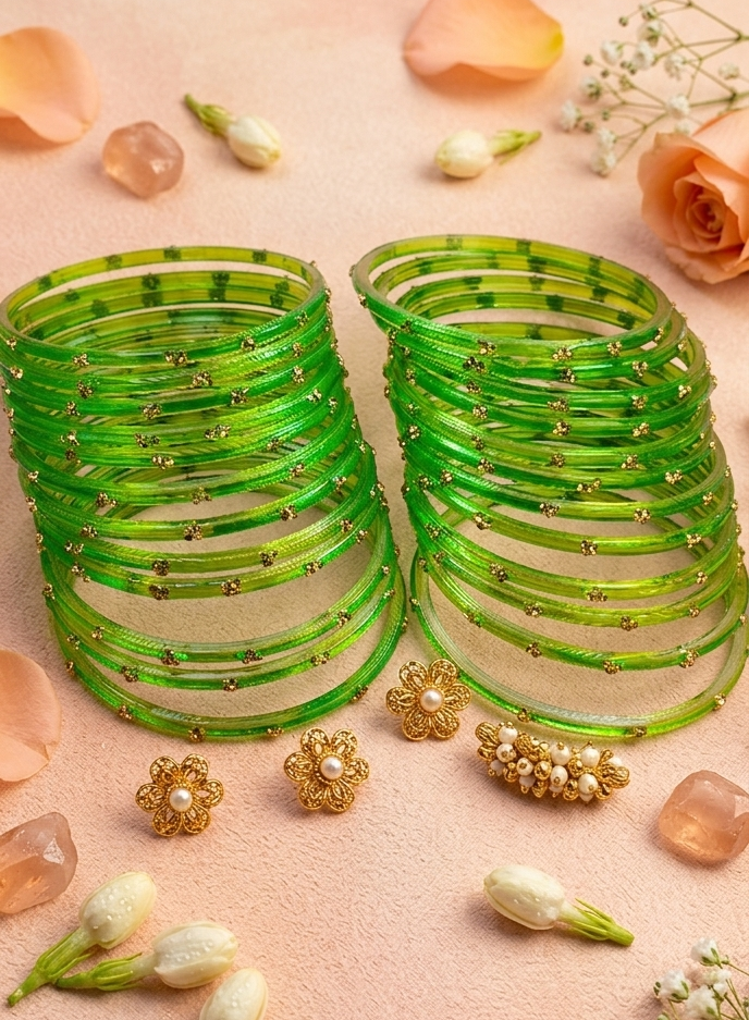 Traditional TGreen Stone Gold Bangles Set Glossy Finish with Golden Stone Work  Wear (Pack of 24)