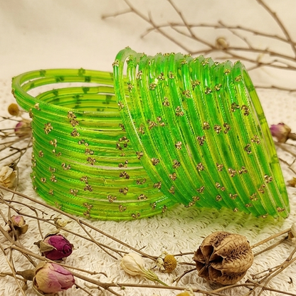 Traditional TGreen Stone Gold Bangles Set Glossy Finish with Golden Stone Work  Wear (Pack of 24)