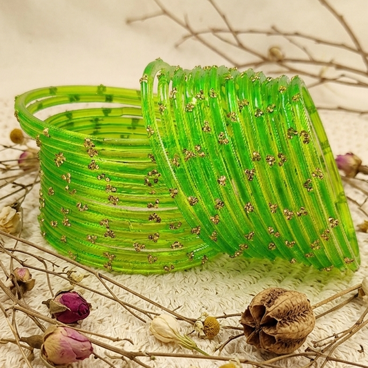 Traditional TGreen Stone Gold Bangles Set Glossy Finish with Golden Stone Work  Wear (Pack of 24)