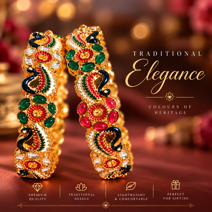 Traditional Gold-Plated Meenakari Kada Bangles with Multicolor Stonework - Set Of 2