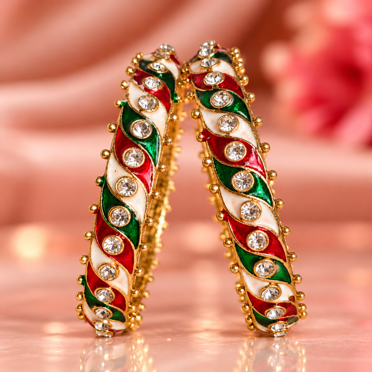 Gold Plated, Red-Green Design & White Stone Studded Bangles Set - Set Of 2