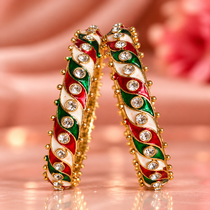 Gold Plated, Red-Green Design & White Stone Studded Bangles Set - Set Of 2