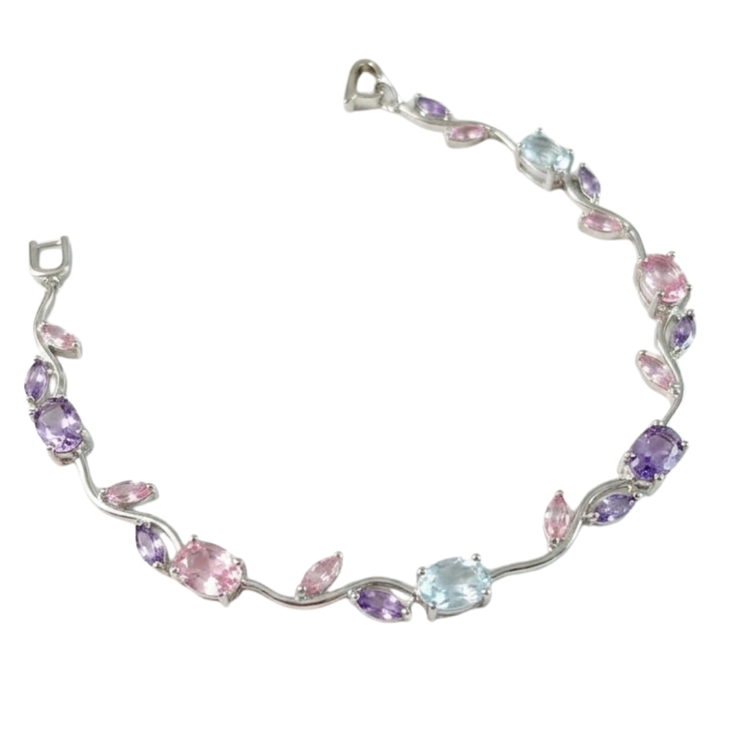 Silver bracelet with multicolored gemstones on a white background