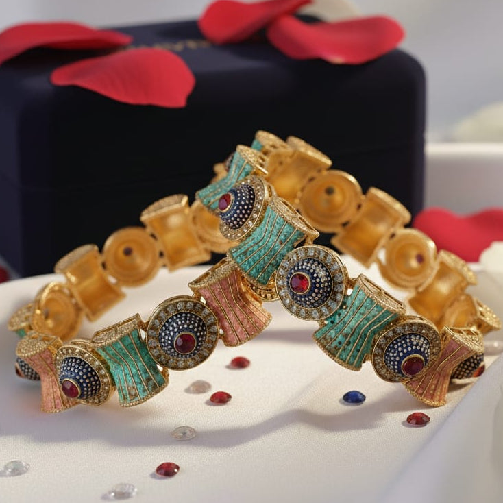Rajwadi Kangan Set for Women & Girls | Traditional Kada with Zircon Stones & Multi-Color Enamel Work-Pack of 2