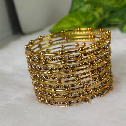 Gold Beaded Zircon Studded Stackable Metal Bangles Set-Pack of 26