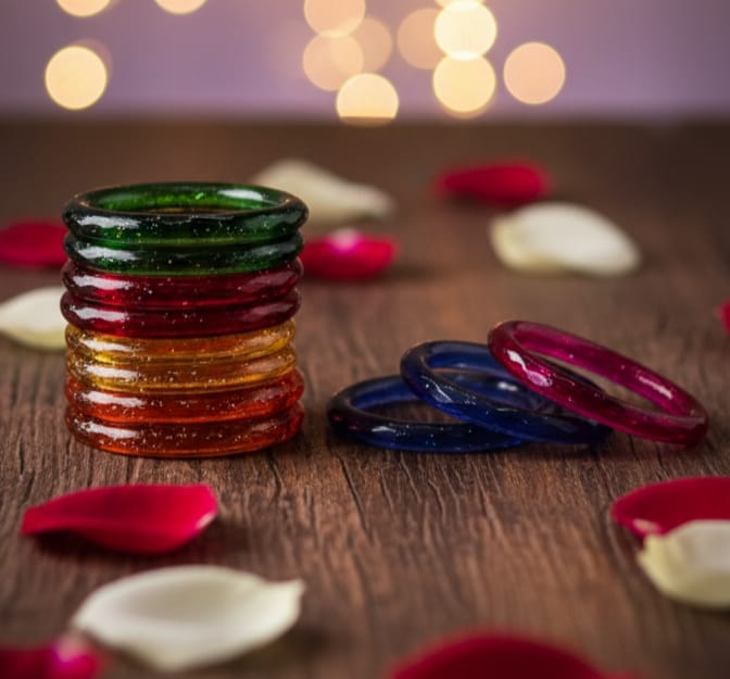 Multicolor Kada Glass Bangle Set – 12 Pieces, 6 Colors