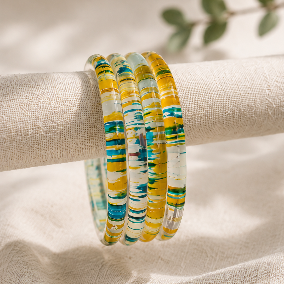 Trendy Glossy Glass Bangle Set For Women - Set Of 4
