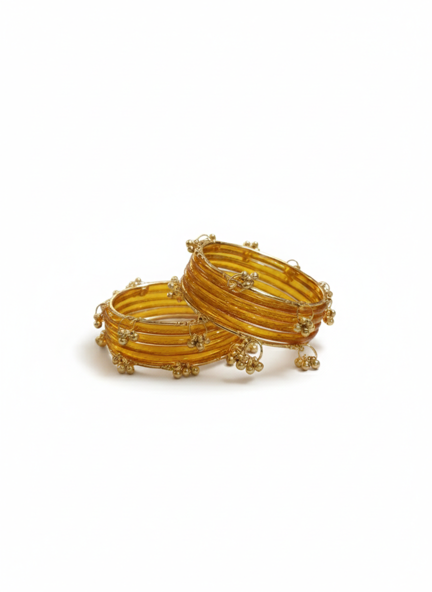 Fancy Yellow Ghungroo Bangles Set  Gold-Toned Alloy with Elegant Latkan Design | Festive & Wedding Wear (Set of 12)