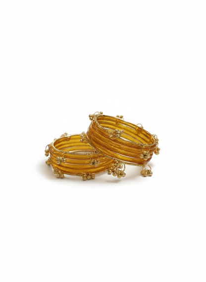 Fancy Yellow Ghungroo Bangles Set  Gold-Toned Alloy with Elegant Latkan Design | Festive & Wedding Wear (Set of 12)