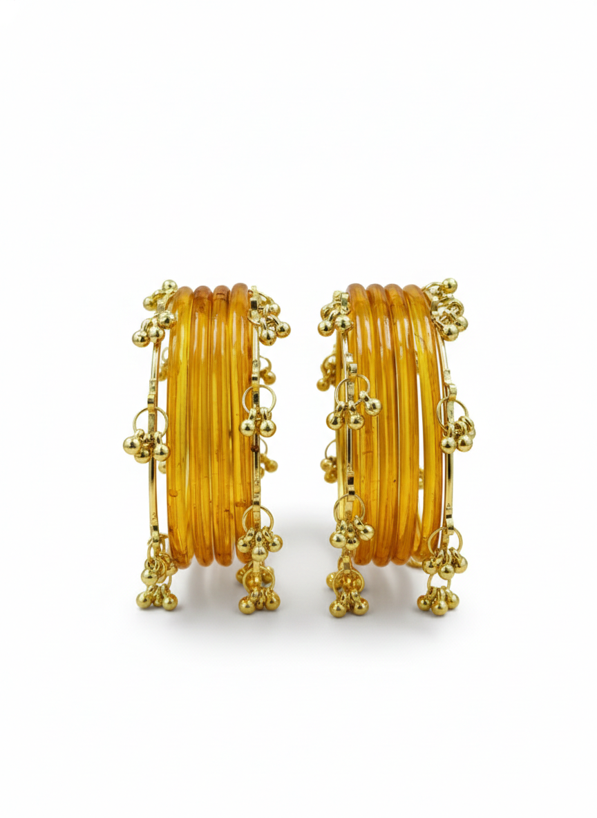 Fancy Yellow Ghungroo Bangles Set  Gold-Toned Alloy with Elegant Latkan Design | Festive & Wedding Wear (Set of 12)