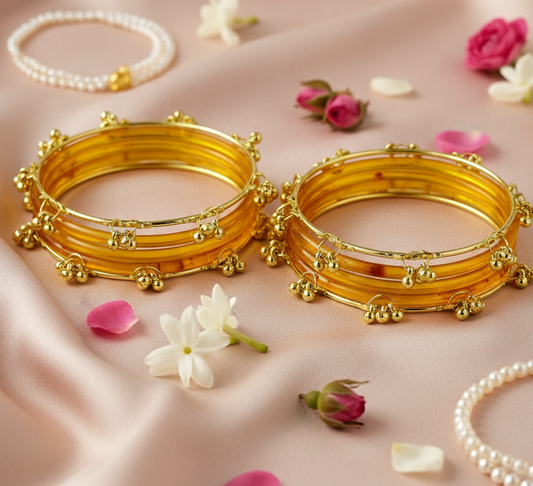 Fancy Yellow Ghungroo Bangles Set  Gold-Toned Alloy with Elegant Latkan Design | Festive & Wedding Wear (Set of 12)
