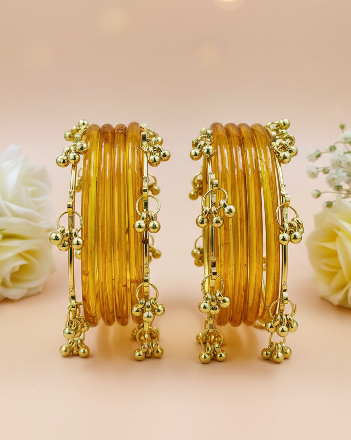 Fancy Yellow Ghungroo Bangles Set  Gold-Toned Alloy with Elegant Latkan Design | Festive & Wedding Wear (Set of 12)