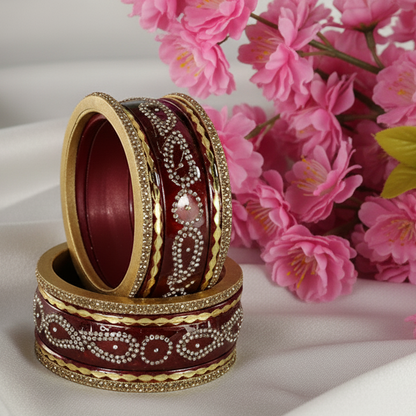 ✨ Maroon Lac Zircon Diamond Stone Bangles – Pack of 10