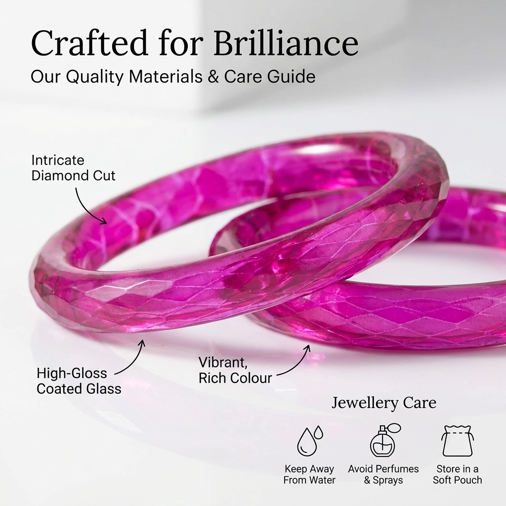 Glass Bangles Set of 2 Transparent Hot pink Crystal Cut Daily Wear