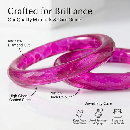 Glass Bangles Set of 2 Transparent Hot pink Crystal Cut Daily Wear