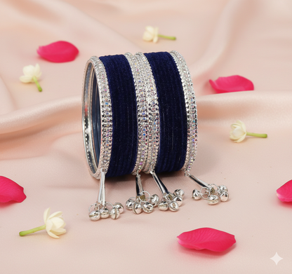 Navy Blue Velvet with Silver Latkan  Zircon  Metal Bangles Set of 16