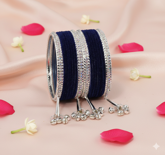 Navy Blue Velvet with Silver Latkan  Zircon  Metal Bangles Set of 16