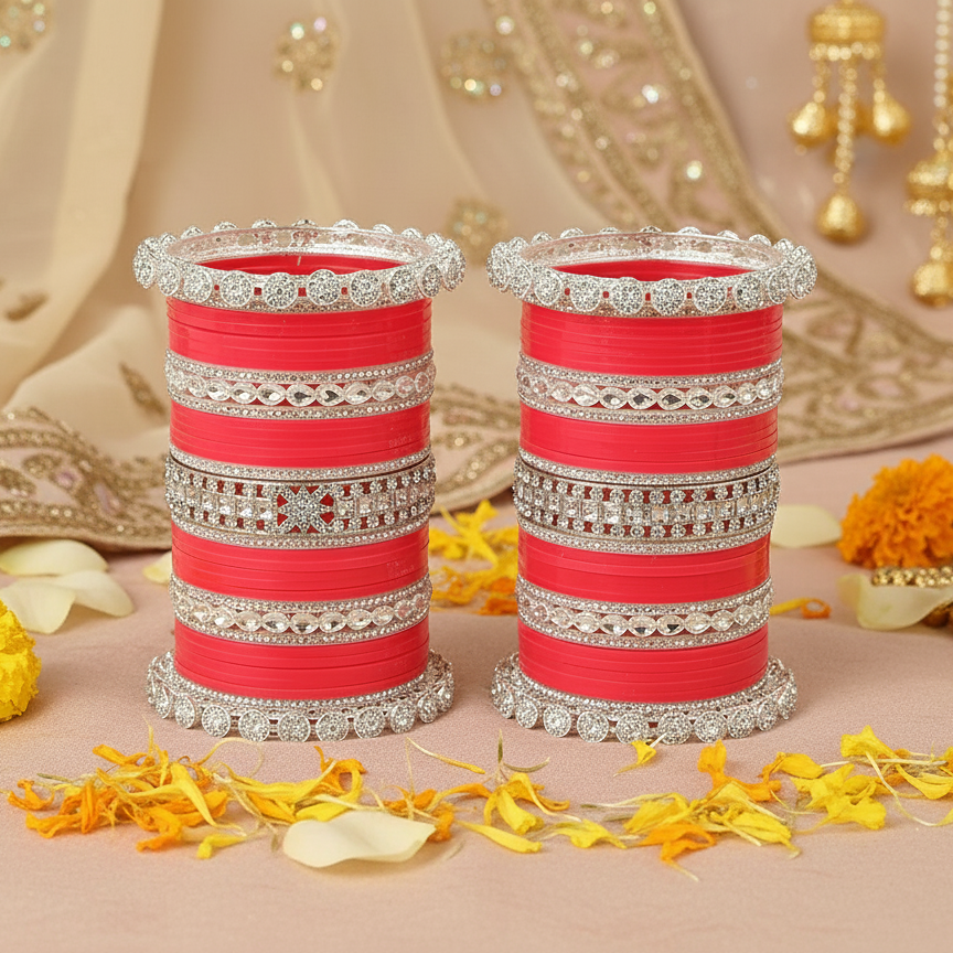 Peach & Silver Bridal Chuda with Zircon Detailing Set of 2
