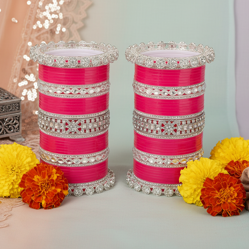 Peach & Silver Bridal Chuda with Zircon Detailing Set of 2