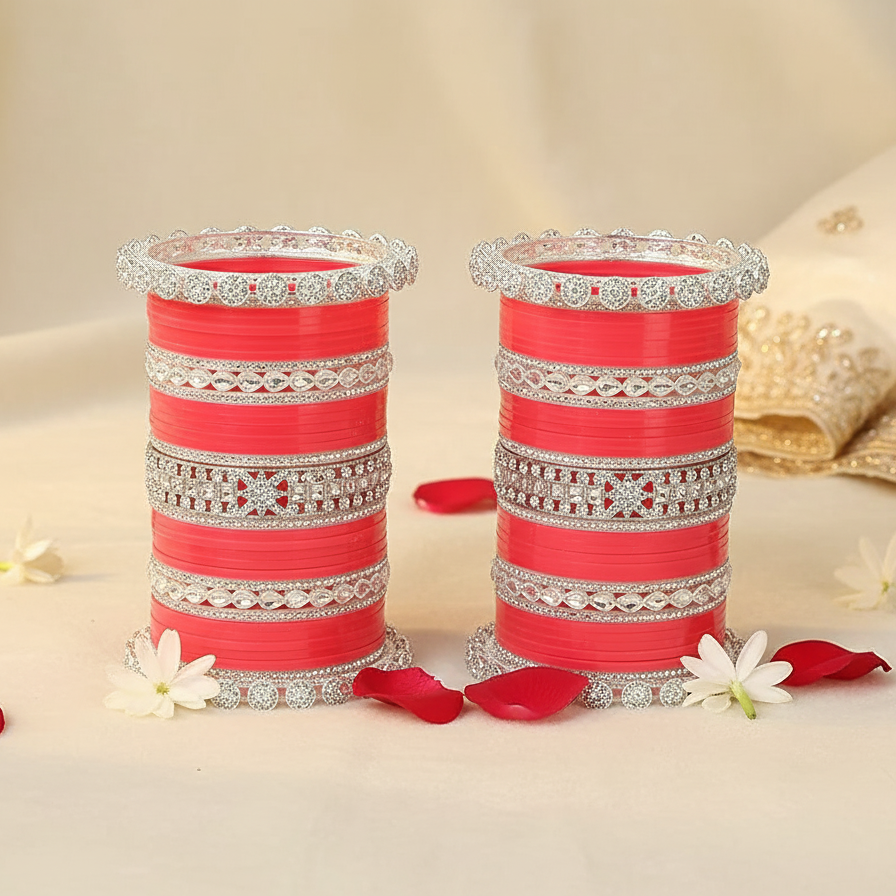 Peach & Silver Bridal Chuda with Zircon Detailing Set of 2